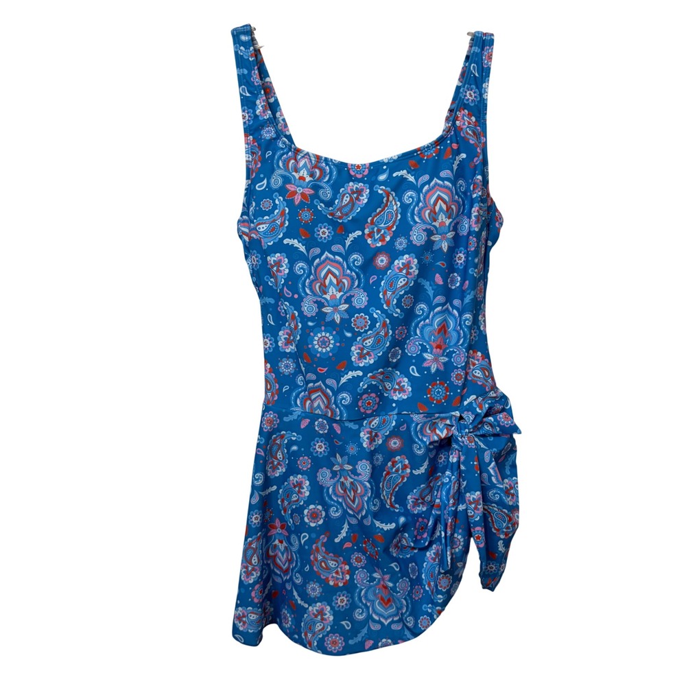 EOMENIE Womens Blue Paisley Floral Print Skirted Swimdress One Piece Size Medium